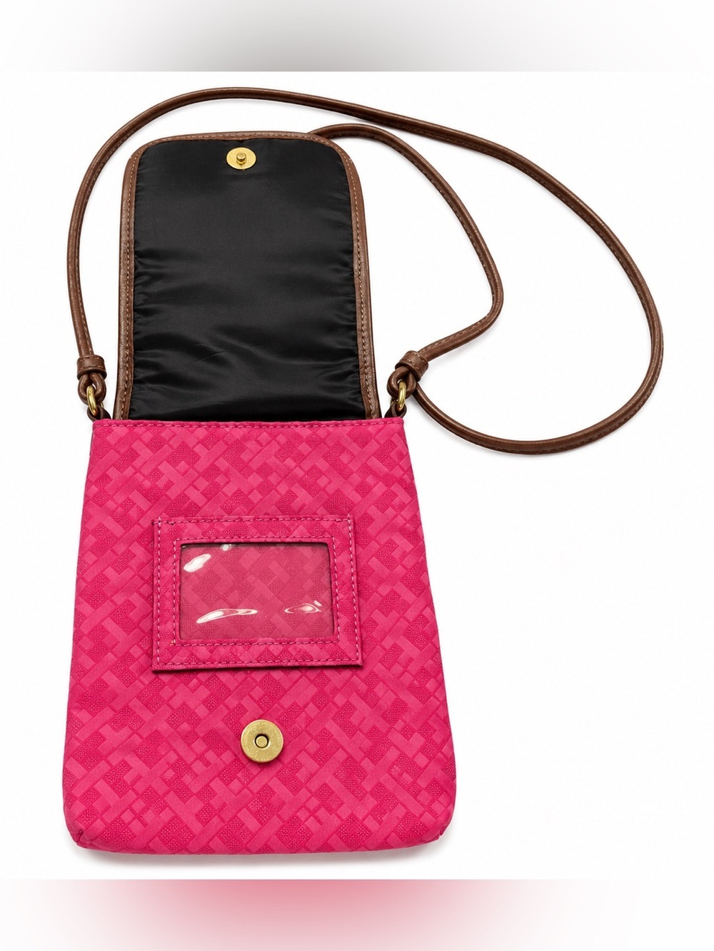 Tommy Hilfiger Women’s Small Crossbody Bag Pink Brown TH Monogram Gold Accents - Picture 3 of 8
